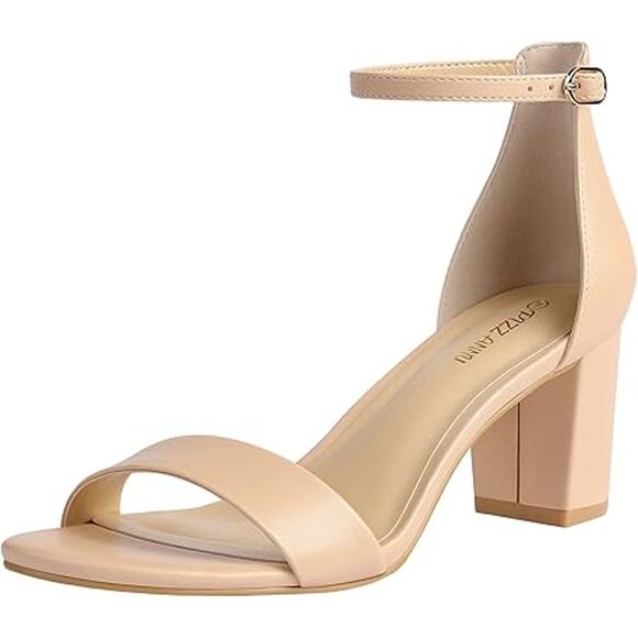 Pizz Annu Womens Size 6 Tan Open Toe 2.5" Block Heel Ankle Strap Sandal Shoes - Picture 1 of 6